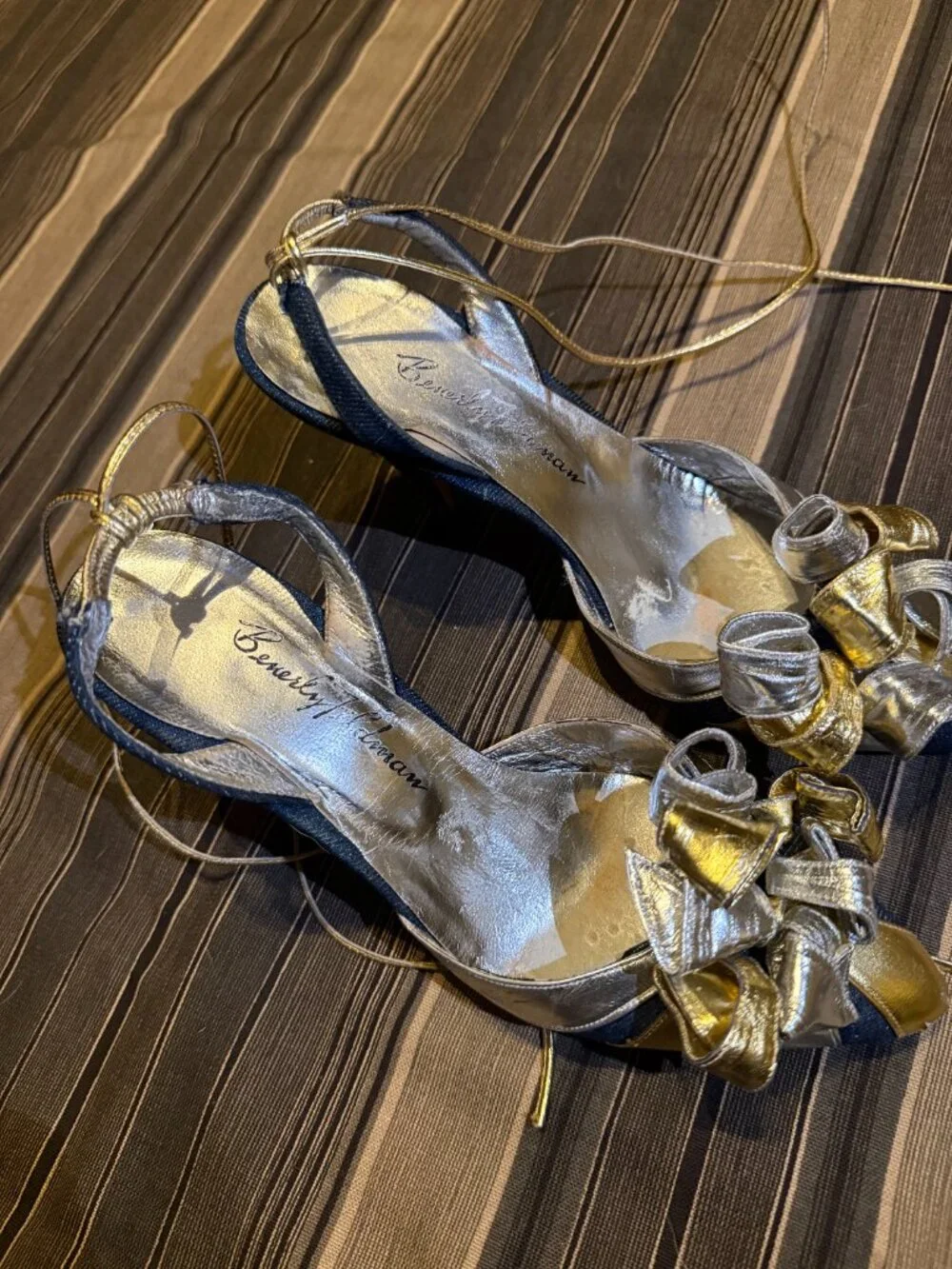Vintage 80s Beverly Feldman Metallic Ankle-Tie Leather Spiral Heels Size 7
